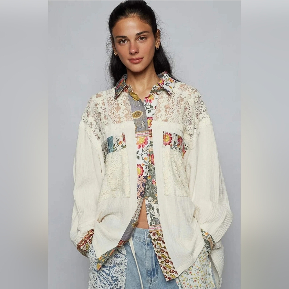 New!!! Pol Patchwork Lace Button Down Shirt - Cre… - image 1